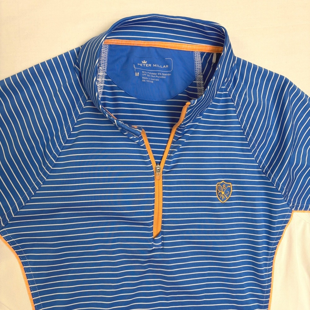 Peter Millar Womens M Blue Striped Quarter Zip Golf Pullover Polyester SPF - Picture 2 of 10
